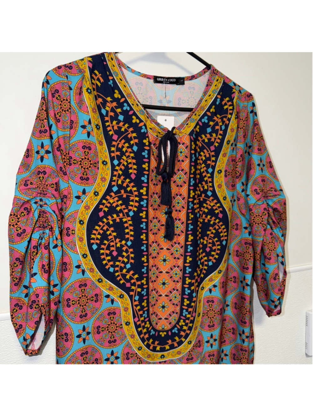 Women's Bohemian Neck Tie Urban Coco Mini Dress L Blue Pink Boho Print New NWT - Picture 12 of 14